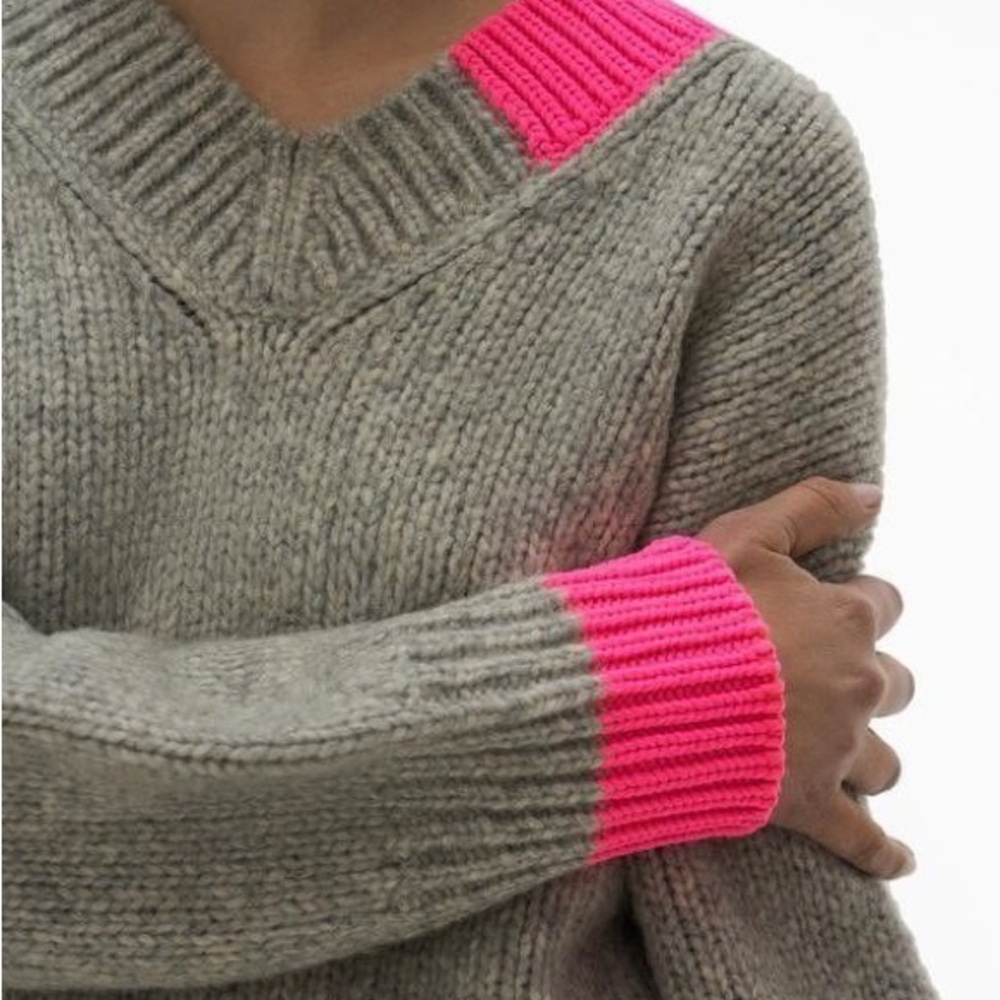 Stylish V-Neck Sweater with Neon Pink Accents